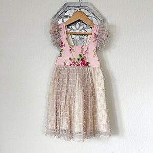 Olive Mae • Pink and Cream Coquette Floral Ruffle Handmade Pinafore Dress
